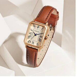 Chic Vintage Square Roman Numeral Quartz Watch Brown Strap